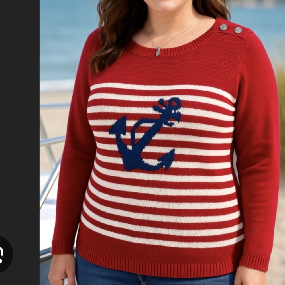Talbots Red and White Striped Sweater with Navy Anchor NWT Size 2X Petite